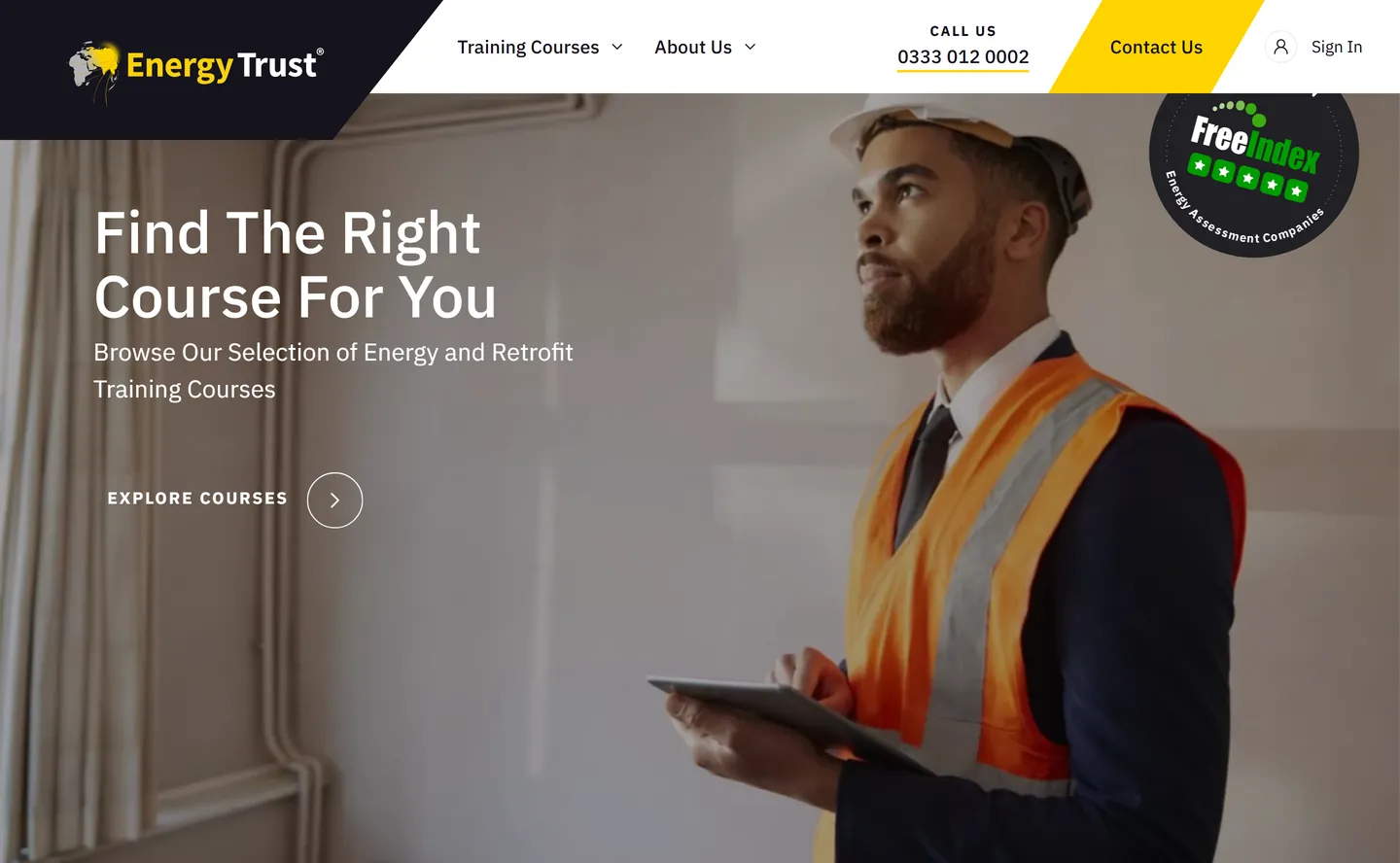 The Energy Trust homepage: &lsquo;Find The Right Course For You &mdash; browse our selection of energy and retrofit training courses&rsquo;.