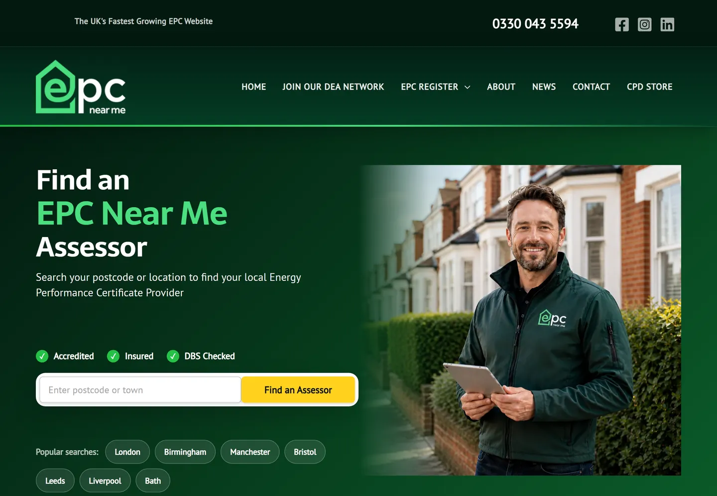The EPC Near Me homepage: a postcode search headed &lsquo;Find an EPC Near Me Assessor&rsquo;, with accredited, insured and DBS-checked badges.